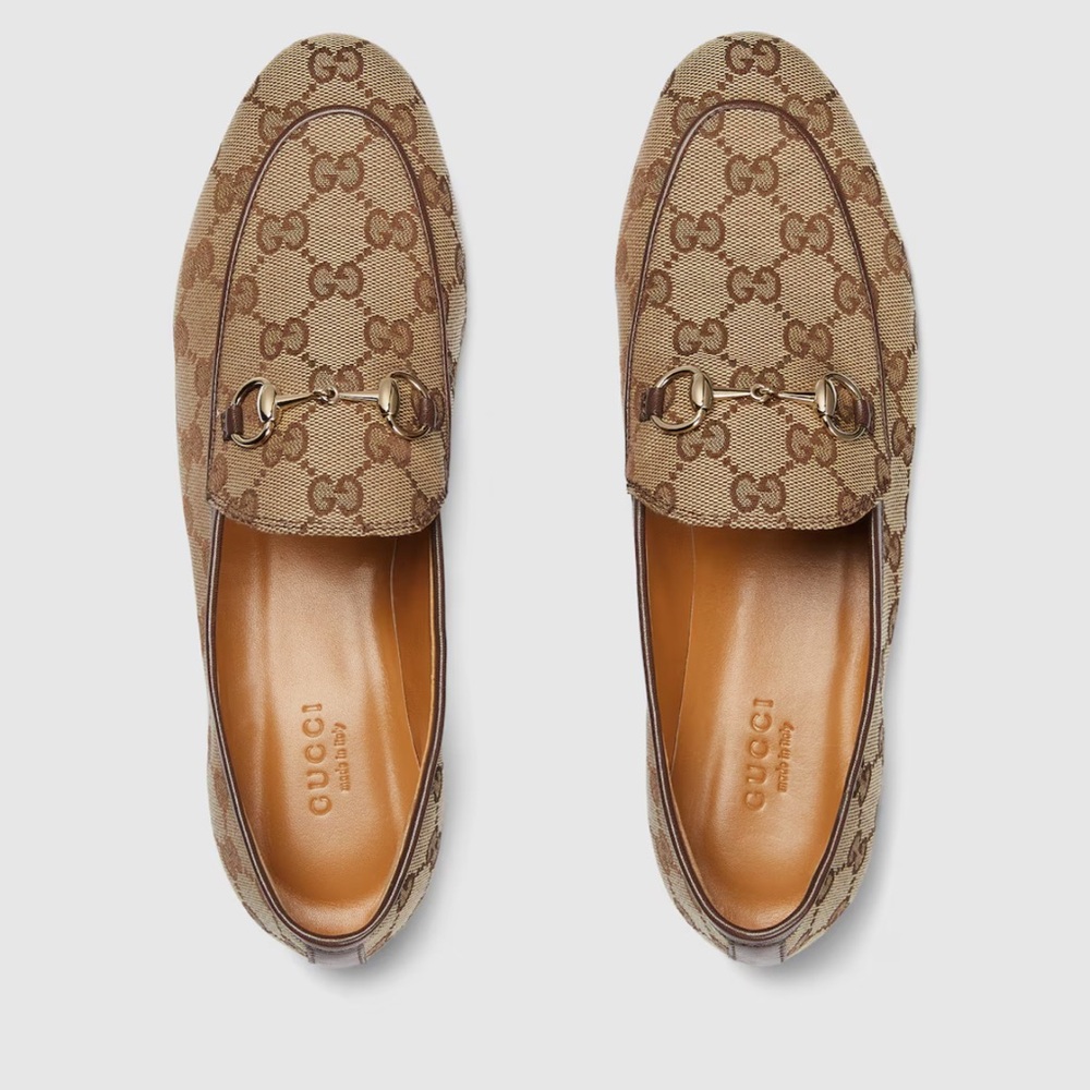 Gucci Tan Monogram Loafers with Gold Accents